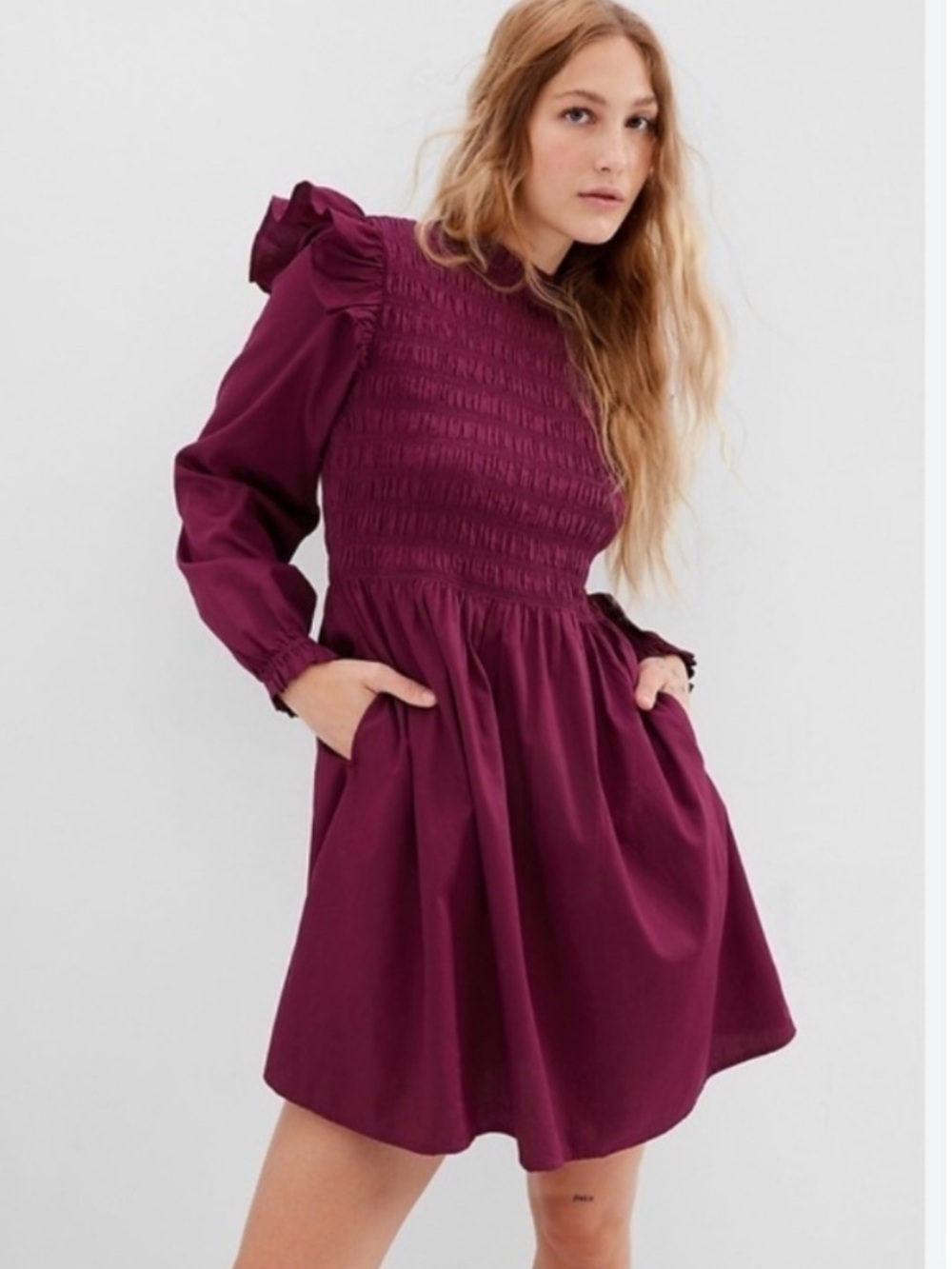 NEW GAP Smocked Ruffle Sleeve Mini Dress in Huckleberry - Size XL